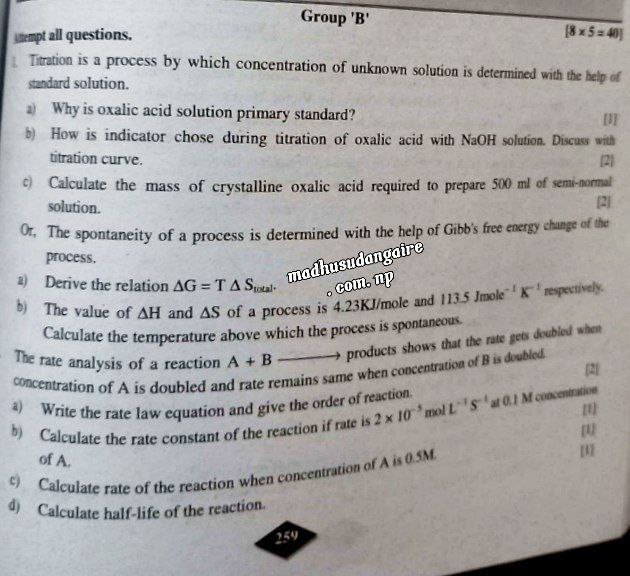 NEB Grade 12 chemistry question papers 2079