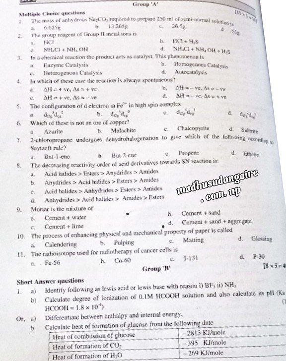 NEB Grade 12 chemistry question papers 2079