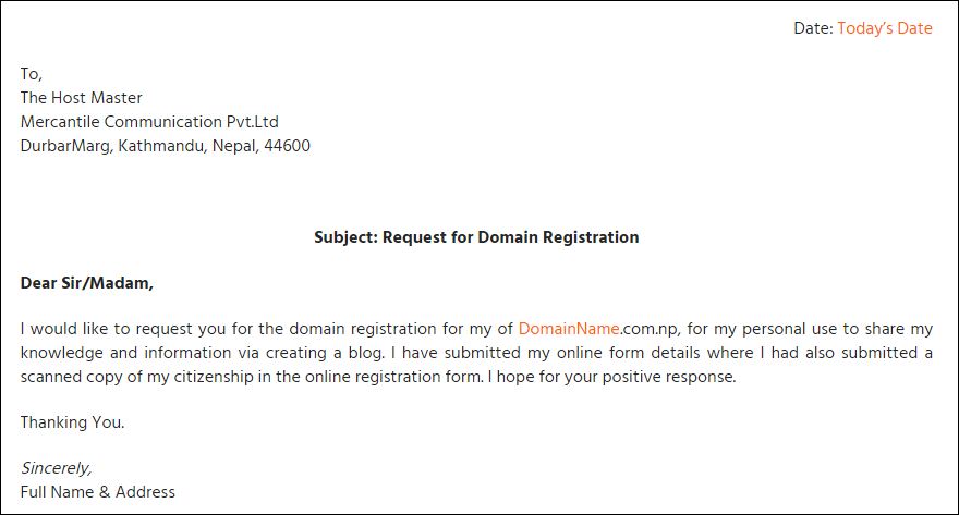cover letter for .com.np register